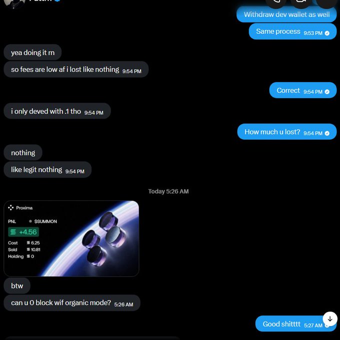 A Discord chat shows two users discussing crypto profits, with one mentioning "Proxima" launched on the Solana blockchain showing gains of "+4.56" with costs of 6.25 and sold at 10.81, followed by questions about withdrawing to a dev wallet and blocking "wif organic mode." The image supports the post's claim about making 5 SOL from a Proxima launch by displaying the actual +4.56 SOL profit screenshot.
