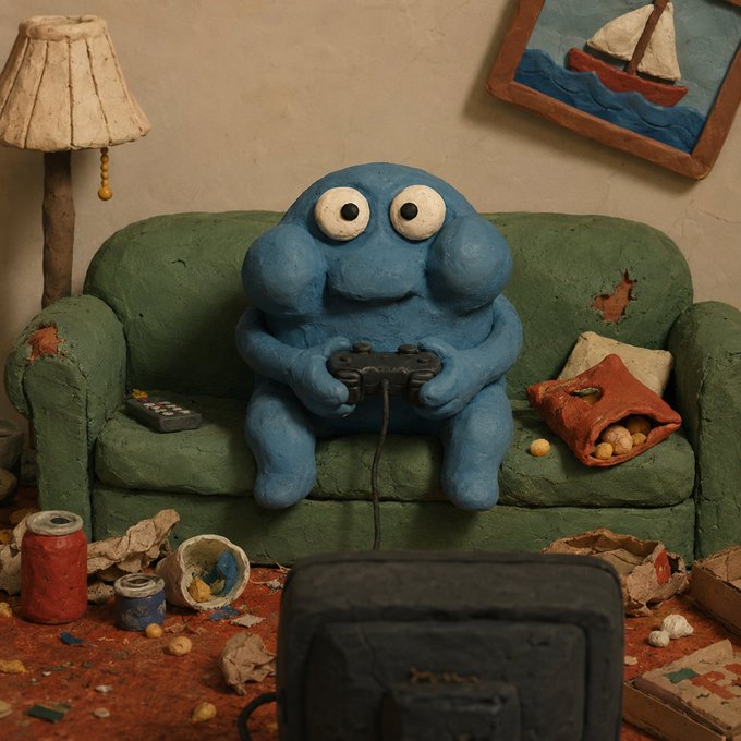 A whimsical claymation scene featuring a round blue clay figure with large eyes sitting on a green couch, holding a game controller in front of a TV amidst a messy room.