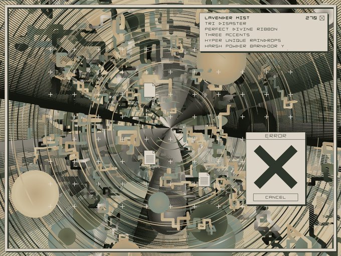 A digital art piece featuring a swirling spiral pattern with text boxes labeled 'LAVENDER MISTRAL', 'TRI DISASTER', and 'CANCEL'.