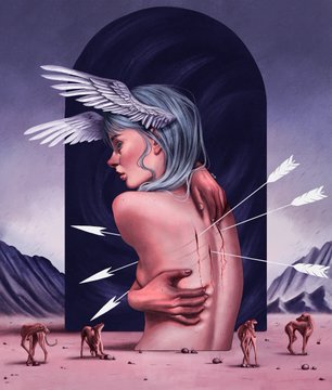 A surrealist painting shows a bare-backed figure with a white-feathered winged headdress, arrows piercing their back, and a dark archway framing them, with small figures reaching up in a barren landscape below—visually echoing the post's theme of hidden pain and emotional burden behind a calm exterior.