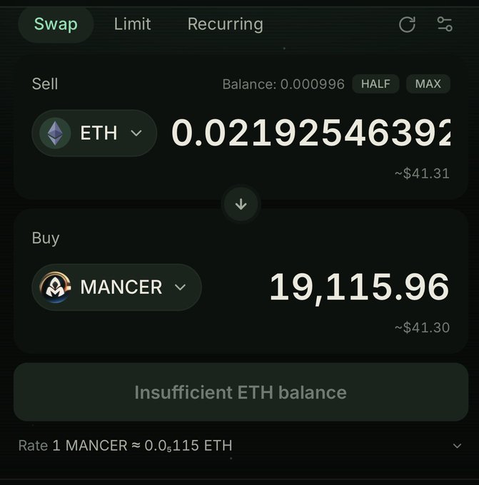 A cryptocurrency exchange interface showing a Swap tab to sell ETH (0.02192546392, ~$41.31) for Mancer (19,115.96, ~$41.30), with a rate of "1 MANCER ≈ 0.115 ETH". A banner indicates "Insufficient ETH balance".