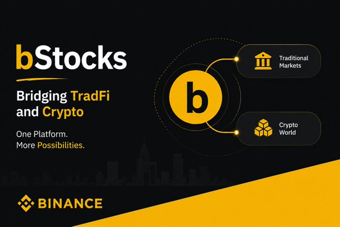 A promotional graphic for Binance's "bStocks" platform featuring a yellow and black color scheme, with text reading "Bridging TradFi and Crypto" and "One Platform. More Possibilities," alongside visual connections between a "Traditional Markets" icon and a "Crypto World" icon centered around the bStocks logo.

The image directly illustrates the post's observation about Binance bridging two distinct financial worlds—the traditional stock market and the crypto ecosystem—visually emphasizing how BStocks serves as the connecting platform between TradFi and Crypto access points.