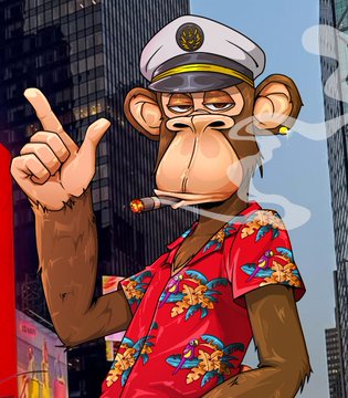A Bored Ape Yacht Club (BAYC) NFT character, depicted in a captain's hat and Hawaiian shirt smoking a cigar, stands against a city backdrop, with the post referencing its presence in New York City.