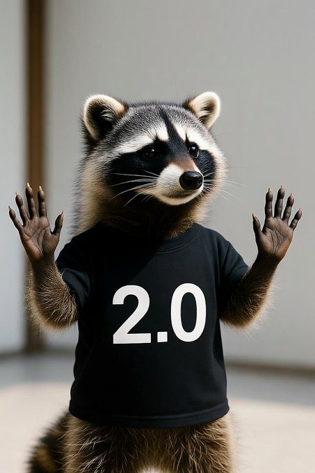 A raccoon wearing a black t-shirt with "2.0" printed in white stands upright with its paws raised against a plain wall.