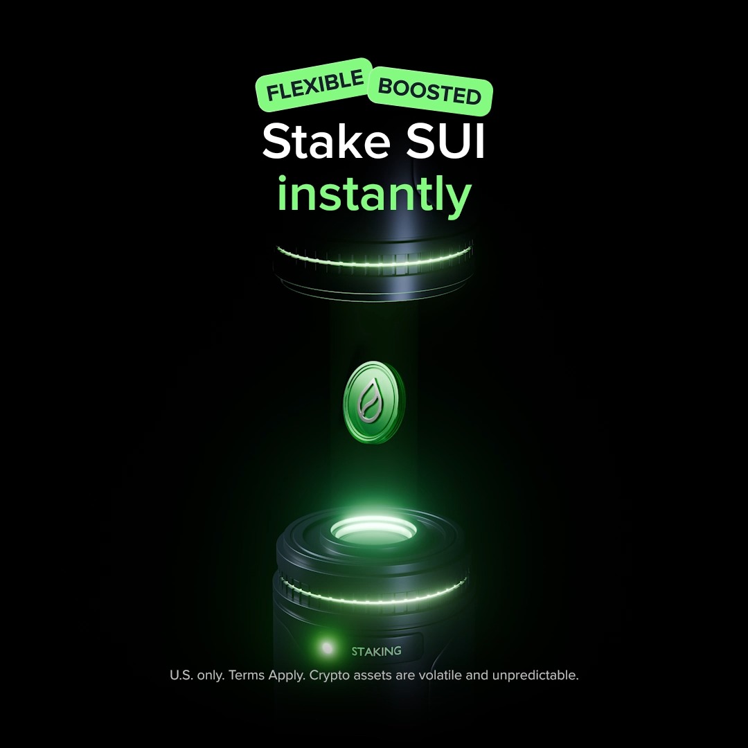 A green SUI coin drops into an illuminated "STAKING" capsule beneath text reading "FLEXIBLE BOOSTED Stake SUI instantly," visually reinforcing the post's message of instantly putting SUI tokens to work through Flexible Staking with weekly payouts and no lock-up periods.
