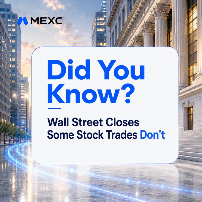 The image is a MEXC promotional graphic featuring the headline "Did You Know? Wall Street Closes Some Stock Trades Don't" set against a backdrop of Wall Street's classical architecture, reinforcing the post's message that MEXC Stock Futures offer 24/7 trading beyond traditional market hours.