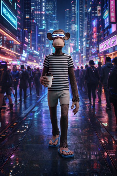 A 3D-rendered monkey character wearing a striped shirt, shorts, and glowing sunglasses holding a coffee cup on a neon-lit cyberpunk city street at night.