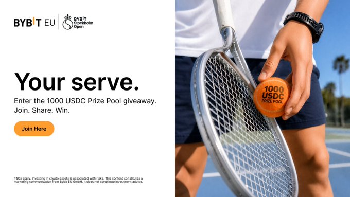 A 'Your serve.' promotional banner from BYBIT EU and Bybit Stockholm Open announcing a 1000 USDC Prize Pool giveaway, featuring a tennis player holding a racket and an orange tennis ball marked '1000 USDC PRIZE POOL'.