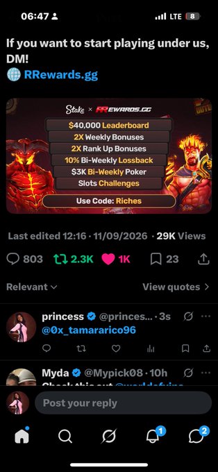 Mobile Twitter screenshot promoting RRewards.gg gambling bonuses with a $40,000 leaderboard and bonuses; mentions use code 'Riches' and shows engagement metrics including 2.3K reposts and 1K likes.