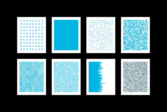 A grid of eight abstract graphic designs and patterns in cyan and black, showcasing various textures including grids, blobs, and bar graphs.