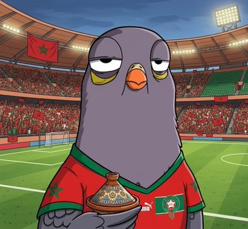 A cartoon pigeon wearing a red Morocco soccer jersey holding a tagine, with a Moroccan flag waving in a stadium filled with fans in the background.