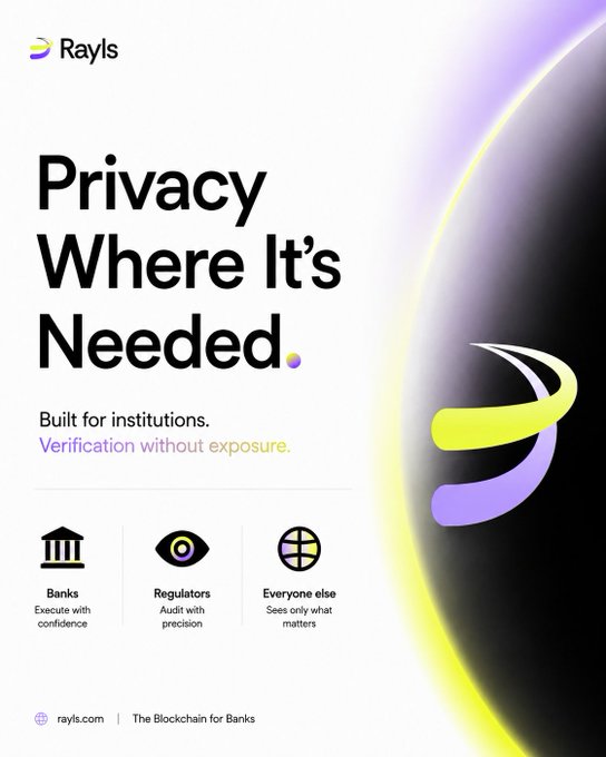 This image is a promotional advertisement for **Rayls**, a blockchain platform for banks, featuring the tagline "Privacy Where It's Needed" and "Built for institutions. Verification without exposure." The ad outlines a privacy framework where different parties see only what matters to them: **Banks** (execute with confidence), **Regulators** (audit with precision), and **Everyone else** (sees only what matters).

The image directly supports the post's central argument that institutional blockchain privacy is about defining **who needs to see the transaction**—not simply choosing between public or private chains. Rayls' model enables banks to execute transactions, regulators to audit them, and outside parties to only access relevant data, perfectly illustrating the tiered, audience-specific visibility the post describes.
