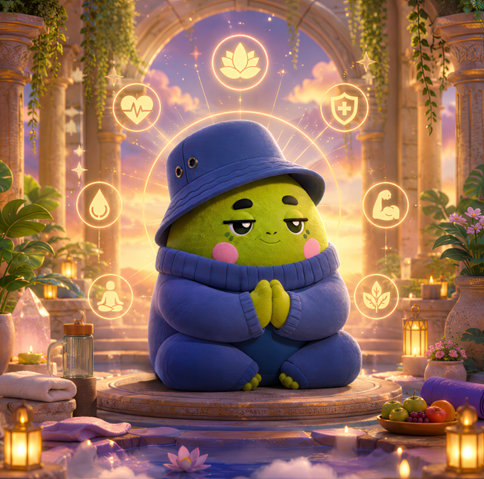 A serene green character wearing a purple bucket hat and matching sweater sits in a meditative pose with hands clasped, surrounded by a halo of glowing wellness icons (heart, lotus, shield, meditation, muscle, flame, leaf) in a tranquil temple-like setting with candles and plants. The image visually reinforces the post's theme of treating one's body as a temple, with Sleepagotchi's wellness and recovery tools symbolizing the holistic self-care practices described.