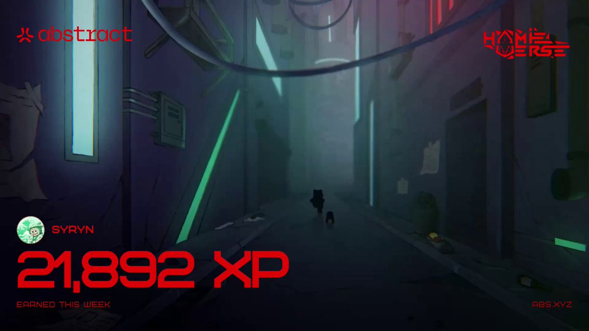 "Another cook week on @Abstract Chain Check out this awesome card from @Hamieverse". The image shows a dark alleyway with an open door, possibly leading to another part of the city or an underwater location. In front of the doorway is a dog walking towards it. The background is dominated by neon lights, giving it an urban feel, and there are two texts at the bottom: "byryn 21.8992 XP" indicating that this post was written by Bryn, and "#INFINETIMEDISTRATIONWALLET".