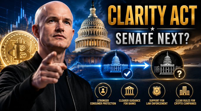 A promotional graphic featuring a man pointing forward next to the US Capitol, with large text 'CLARITY ACT SENATE NEXT?' and icons highlighting consumer protection, bank guidance, law enforcement support, and crypto company rules.