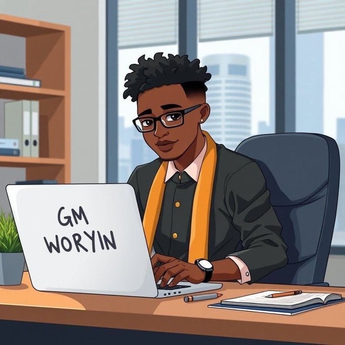 An illustration of a man with glasses and a yellow scarf working on a laptop that displays 'GM WORYIN,' seated at a desk with a notebook and city view in the background.