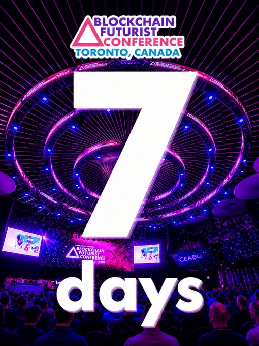 A promotional graphic for the Blockchain Futurist Conference in Toronto, Canada, featuring a large white "7" and "days" overlaid on a vibrant purple-lit concert venue with stage screens displaying the event logo. The image ties to the caption "Lucky number 7 — One week until Futurist Conference!" by counting down the final 7 days until the event begins.