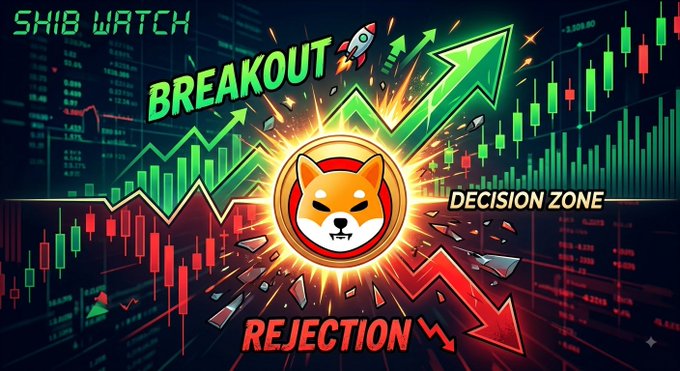A cryptocurrency-themed graphic featuring "SHIB WATCH" text with a Shiba Inu coin at the center, surrounded by green upward arrows labeled "BREAKOUT" and red downward arrows labeled "REJECTION" amid candlestick charts, illustrating SHIB's critical "DECISION ZONE" as mentioned in the post.