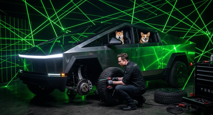 A digital artwork showing a Cybertruck being serviced by a mechanic in a dark garage filled with green laser lights, with two Shiba Inu dogs visible through the vehicle's windows and a Tesla toolbox nearby.