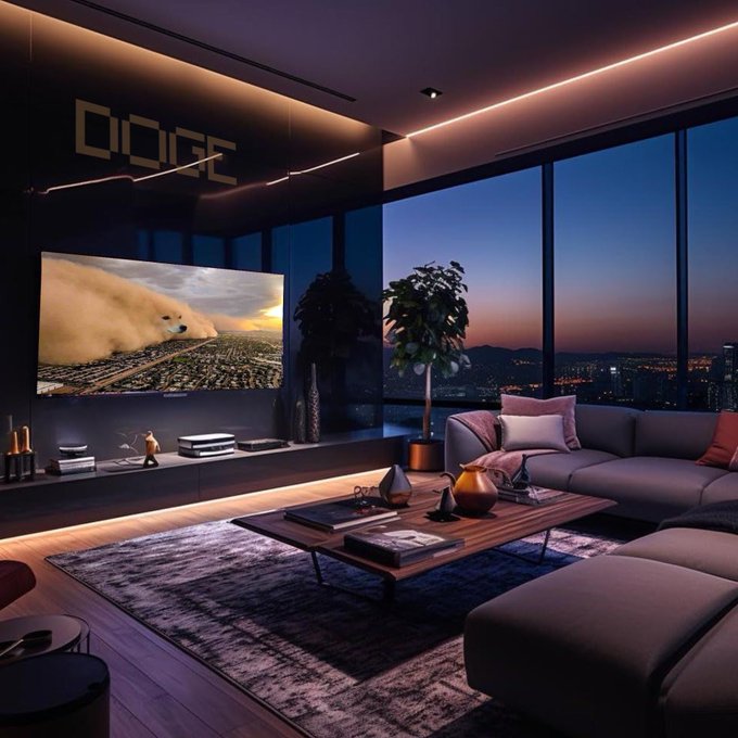 A modern, dimly lit living room with floor-to-ceiling windows overlooking a city at dusk, featuring a large TV, a sectional sofa, and decorative objects on a wooden coffee table.
