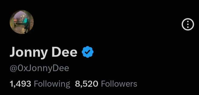 A Twitter profile for verified user 'Jonny Dee' (@0xJonnyDee) shows 1,493 Following and 8,520 Followers.