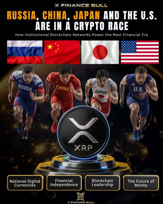 A promotional graphic from "X Finance Bull" featuring the headline "Russia, China, Japan and the U.S. Are in a Crypto Race," with athletes in national uniforms sprinting alongside an XRP coin, while categories like "National Digital Currencies" and "Blockchain Leadership" are listed below.