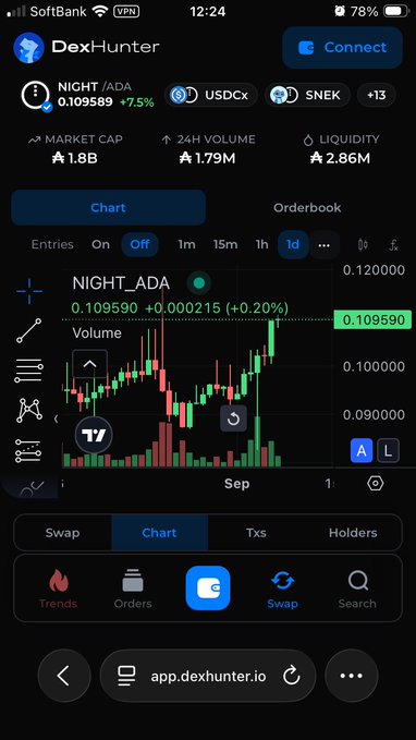 Screenshot of the DexHunter app showing a crypto trading chart for NIGHT/ADA at 0.109590 with a +0.20% change, displayed on a mobile phone with SoftSoftBank VPN connection.