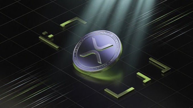 A digital 3D illustration of an XRP cryptocurrency coin with green edges rests on a dark gridded surface with matching green corner brackets and light rays from above.
