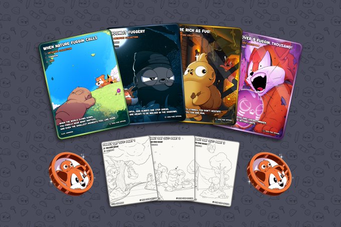 The image features a collection of four cards with cartoon characters on them, including a brown bear, a cat, and two more cartoon characters. The cards are spread out on a table or surface, possibly for a game or activity involving these characters. The text in the image reads "When Nuts Meet Furries", which could be related to a game or event involving these characters.