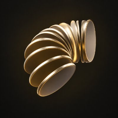 A 3D render of a stylized gold coin icon or logo, formed by curved, layered metallic discs against a dark background.