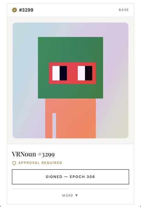 A digital NFT card displays a pixelated green and orange character with the text '#3299', 'VRNoun #3299', 'APPROVAL REQUIRED', and 'SIGNED — EPOCH 306'.