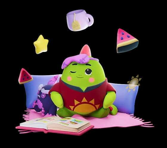 A 3D-rendered cartoon scene of a green creature with closed eyes sitting cross-legged on a pink blanket with an open book, surrounded by floating items including a teacup, star, and watermelon slices.