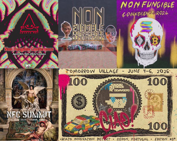 A collage of promotional posters for Non Fungible Conference events, including past editions in Lisbon (April 2022, June 2024) and an upcoming Tomorrow Village event scheduled for June 4-6, 2026.