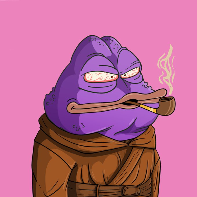 The image is a cartoon NFT-style portrait of a weary-looking purple Pepe the Frog dressed in a brown Jedi robe, bloodshot eyes squinting as he smokes a wooden pipe with curling yellow smoke, fitting the absurd "something ridiculous" vibe of the somethingridiculous.sol Solana project.

The post simply references the collection's ".sol" domain, and the art matches that chaotic, irreverent energy with a Jedi-Frog hybrid that's intentionally ridiculous.