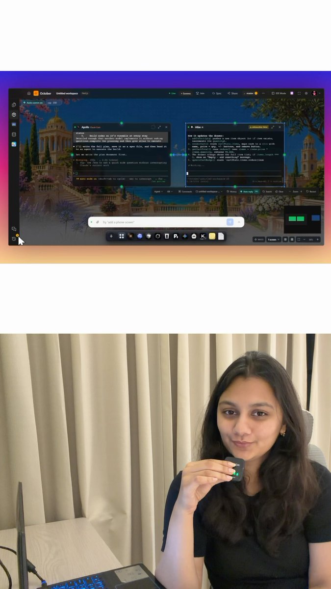 The image shows a split screen: on top is a dark-themed coding/text editor displaying AI chat sessions with "Apollo" and "Atlas" agents (showing prompts like "Build under an AI's enemies at every step"), while on the bottom a young woman holds up a small black device with a green LED light, sitting in front of curtains with a keyboard and laptop visible, illustrating her "ninja technique for token maxing."