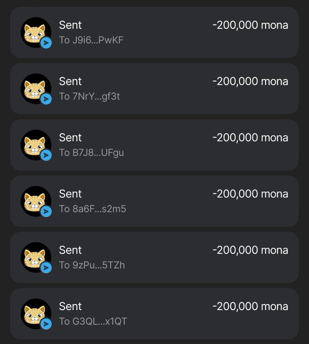 The image shows a series of six consecutive transactions, each marked as "Sent" with "-200,000 mona," going to various Solana addresses (such as J9i6...PwKF, 7NrY...gf3t, B7J8...UFgu, 8a6F...s2m5, 9zPu...5TZh, and G3QL...x1QT). This visually represents the promised distribution of 200,000 $MONA tokens to the first 4,500 addresses participating in the airdrop, reinforcing the post's claim of an upcoming launch and reward campaign.