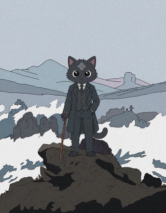 An anime-style illustration of a black cat dressed in a formal gray suit and tie, standing on a rocky outcrop with a cane and holding a small sign, overlooking a sea of clouds and mountains.