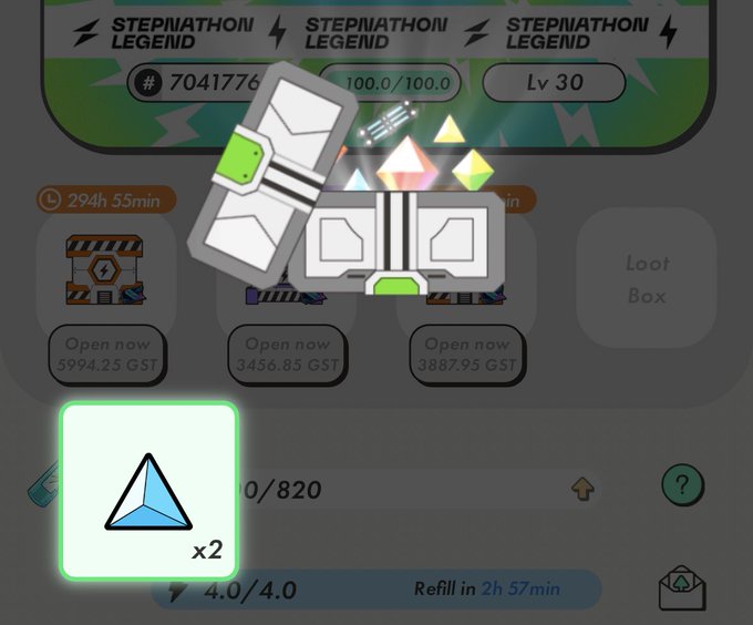A screenshot of the StepN app's 'Stepnathon Legend' loot box opening interface, showing three loot boxes with costs in GST (5994.25, 3456.85, and 3887.95) and a glowing GST token reward icon (x2) displayed below a recently opened mystery box.