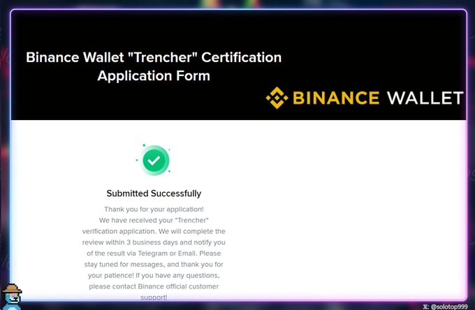 A submitted confirmation screen for the Binance Wallet "Trencher" Certification Application Form appears, showing a green checkmark and a success message indicating the application was received and will be reviewed within 3 business days via Telegram or Email; this relates to the accompanying post about Binance's Alpha Points program and the steps users are taking, such as applying for "Trencher" certification, to qualify for and maximize their Alpha Points earnings through Web3 trading.