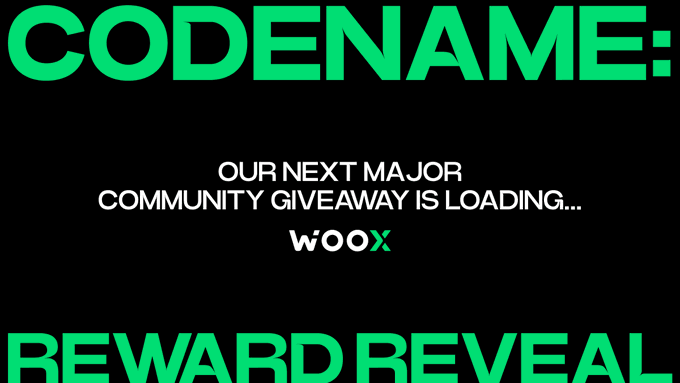 The image features a black background with bold green text reading "CODENAME:" at the top and "REWARD REVEAL" at the bottom, framing the central message "OUR NEXT MAJOR COMMUNITY GIVEAWAY IS LOADING..." alongside the WooX logo. This teaser visually reinforces the post's announcement of an upcoming giveaway reveal for WooX's global community channels.