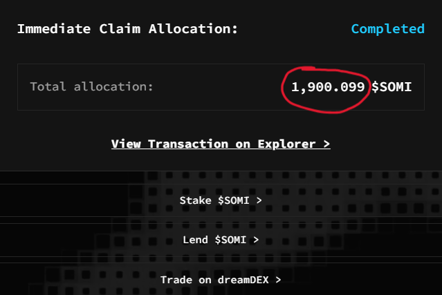 A dark dashboard screen showing an 'Immediate Claim Allocation' marked as 'Completed' with a circled total allocation of '1,900.099 $SOMI,' along with menu options to Stake $SOMI, Lend $SOMI, and Trade on dreamDEX.