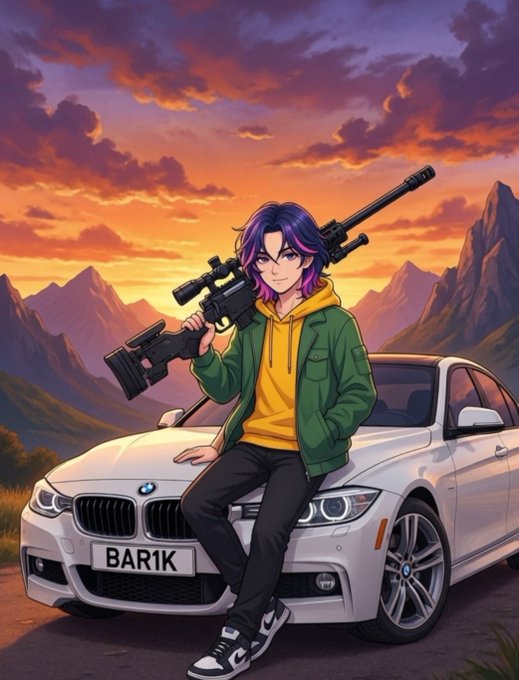 The image features a person sitting next to a white car, holding a gun. The background of the photo shows mountains under an orange sky at sunrise or sunset. The caption for the image reads "Morning Start With @base 2026 Will $Base Year Also stay with @Polymarket".