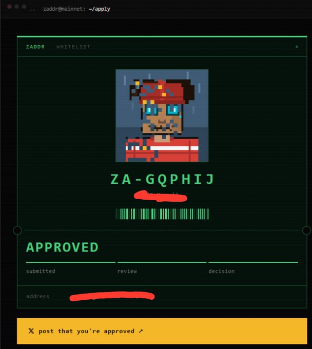 An approved ZADDR whitelist application with the identifier 'ZA-GQPHIJ', displaying the avatar in green and a prompt to post on X about being approved.