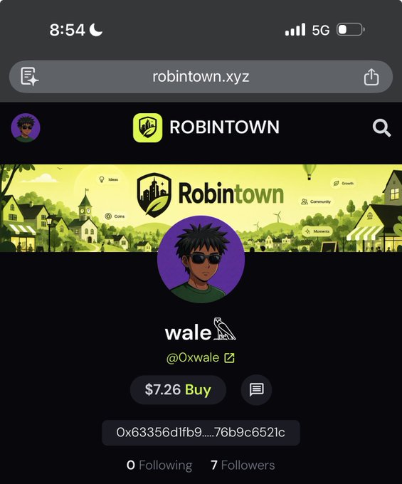 A mobile screenshot of the Robintown.xyz website showing a profile for user 'wale' (@0xwale) with a wallet address and a $7.26 buy button, displayed in dark mode.