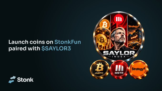 Promotional graphic for StonkFun announcing that users can launch coins paired with $SAYLOR3, a basket tied to $cBTC, $MSTR, and Strategy/“$STRC,” powered by @useDiversiFi. The dark background features the Stonk logo and a metallic “SAYLOR INDEX” coin collage.