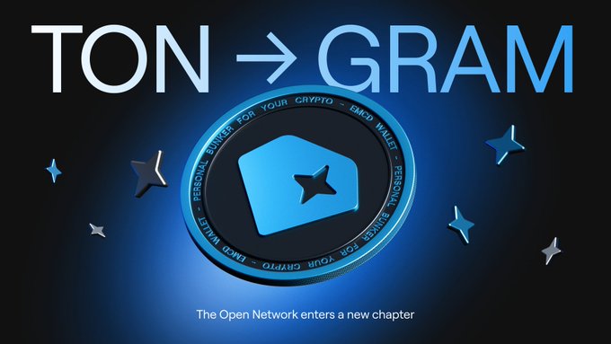 The image features a blue coin with a star on top that says "TON → GRAM" written below it. The background of the image is black, which contrasts with the blue color of the coin. There are also stars scattered throughout the image in various sizes and positions.