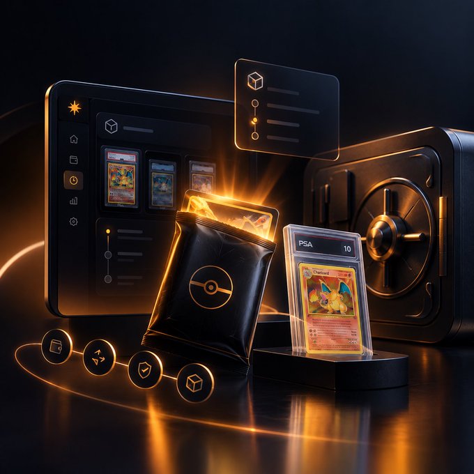 A promotional 3D render showing a Charizard PSA-10 graded Pokémon card displayed alongside a digital app interface, a black card sleeve, and a vault, with glowing orange accents.