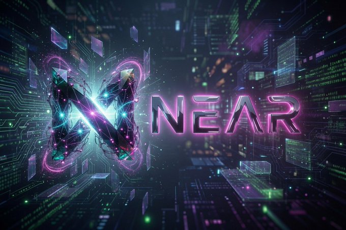 A futuristic, cyberpunk-style graphic features the word "NEAR" in glowing neon pink and cyan letters against a backdrop of circuit-board patterns and digital data streams, visually representing the blockchain network's advanced technological capabilities highlighted in the post about its growing L1 dominance, $22B+ Intents volume, and accelerating protocol revenue.