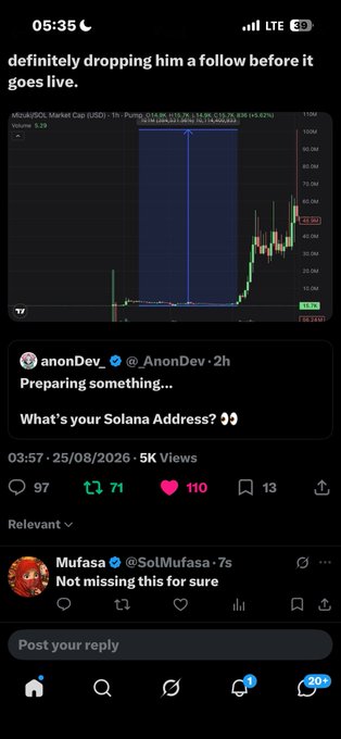 A Twitter/X post by anonDev (@_AnonDev_) showing a chart of Mizuki/SOL Market Cap with the caption 'definitely dropping him a follow before it goes live' and 'Preparing something.... What's your Solana Address? 👀'.