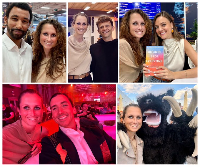 The collage consists of a series of photos featuring two couples posing for pictures at various events, including conferences related to Bitcoin. The images showcase the couple's smiles as they pose with their friends or family members during these gatherings. The collage aims to capture the essence and excitement of attending conferences like @BTCPrague, where people come together to learn about and discuss new technologies such as Bitcoin.